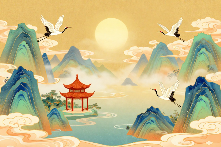 金韵青绿:宋代山水与现代云鹤意境插画