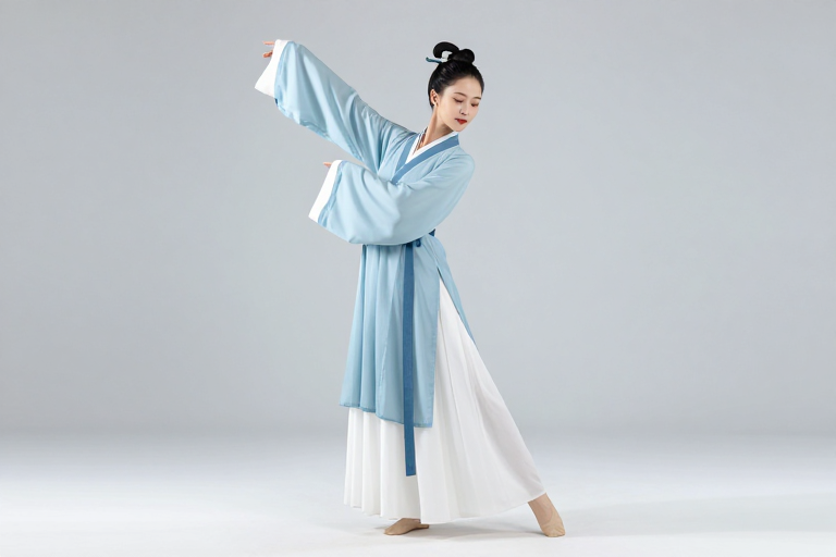 蓝白汉服舞者优雅起舞,古典美与光影交织
