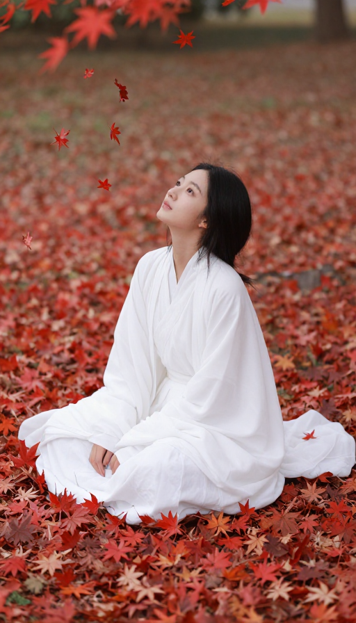 白衣静坐枫叶间，秋日诗意画卷