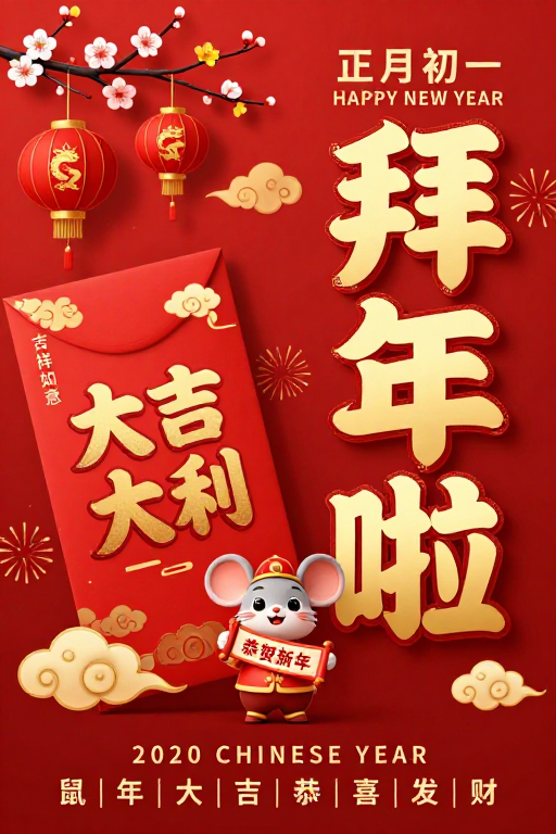 红色喜庆中国风2020鼠年海报