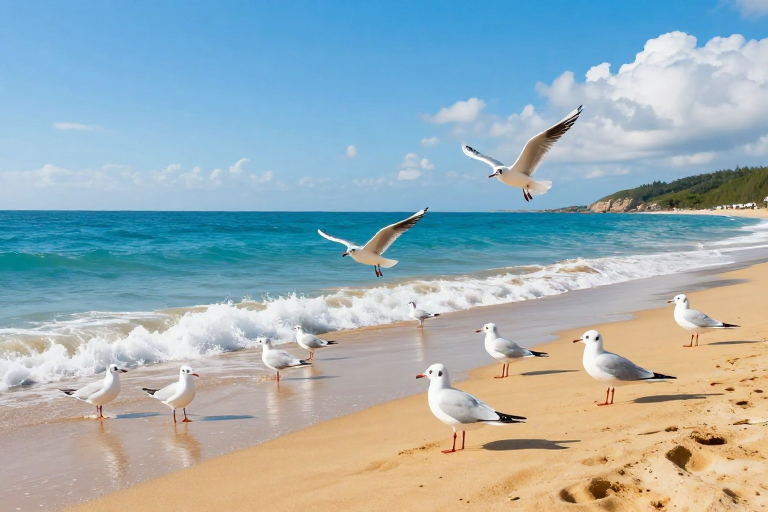 碧海蓝天间海鸥翩舞的生态画卷