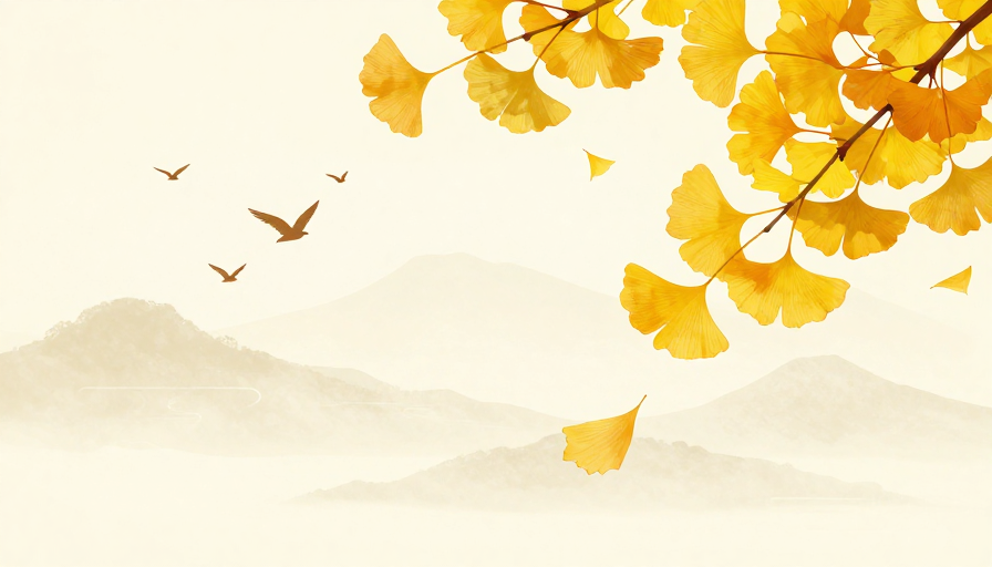 国潮秋风画卷:金黄银杏与静谧山峦的美学意境