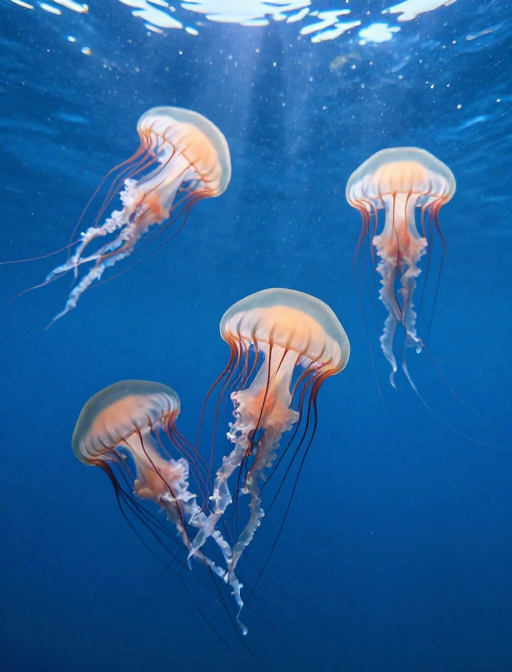 绚丽水母游弋于蔚蓝深海，光影交织的超高清瞬间