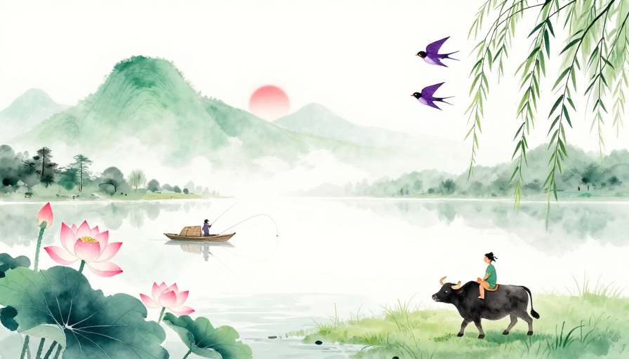 水墨淡彩山水意境图：清雅留白，诗意田园风光