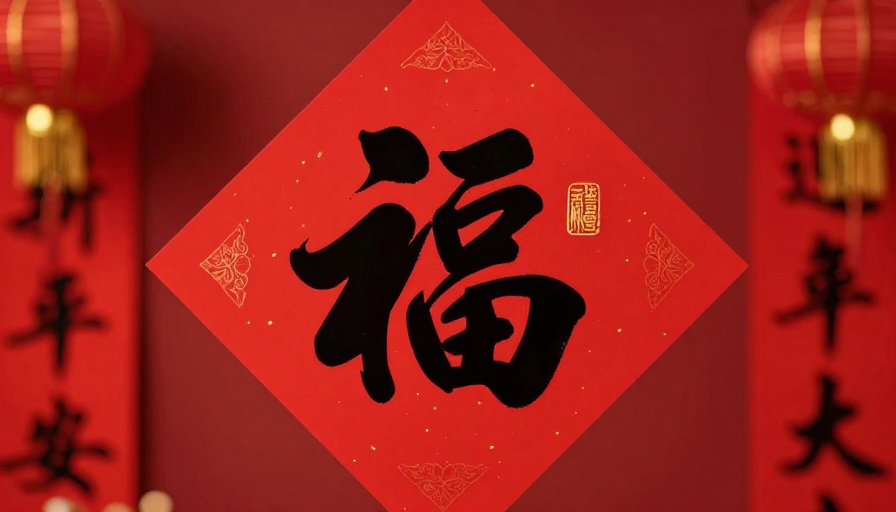 浓墨书法‘福’字,红色春节背景,喜庆传统风格