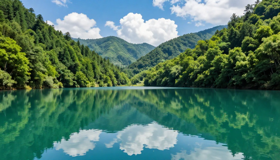 碧绿湖泊映蓝天 山林静谧光影柔和