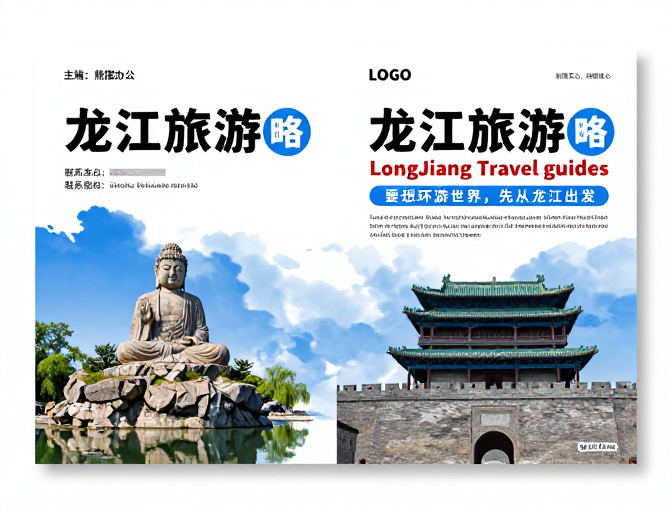 龙江文旅双页海报：蓝白现代与传统融合的旅游攻略