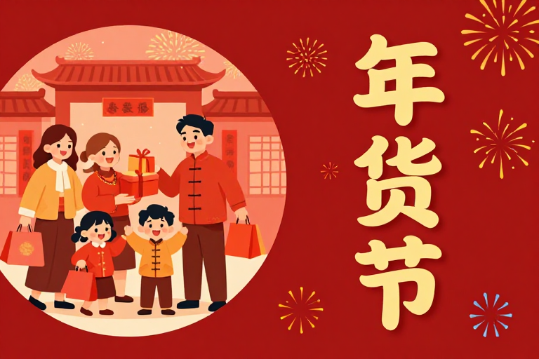 喜庆年货节:全家欢购的温暖春节插画