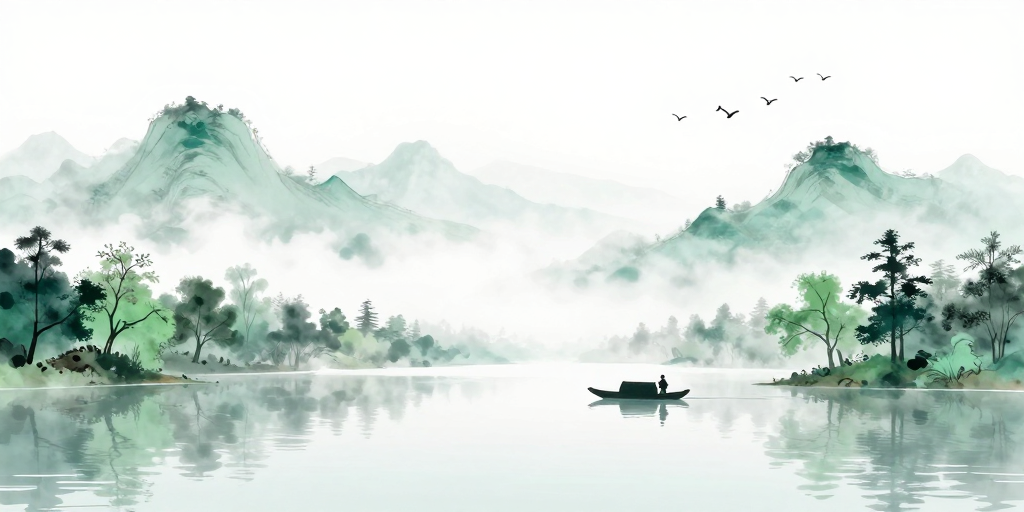 青绿山水水墨意境：远山近水小舟行