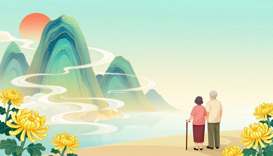青绿山水·秋日黄昏的东方意境插画