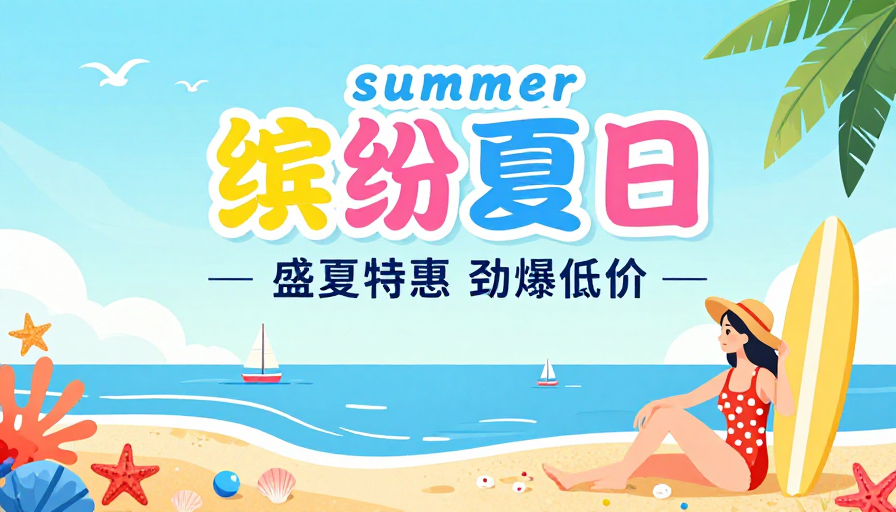 清新扁平夏日促销海报,活力满满