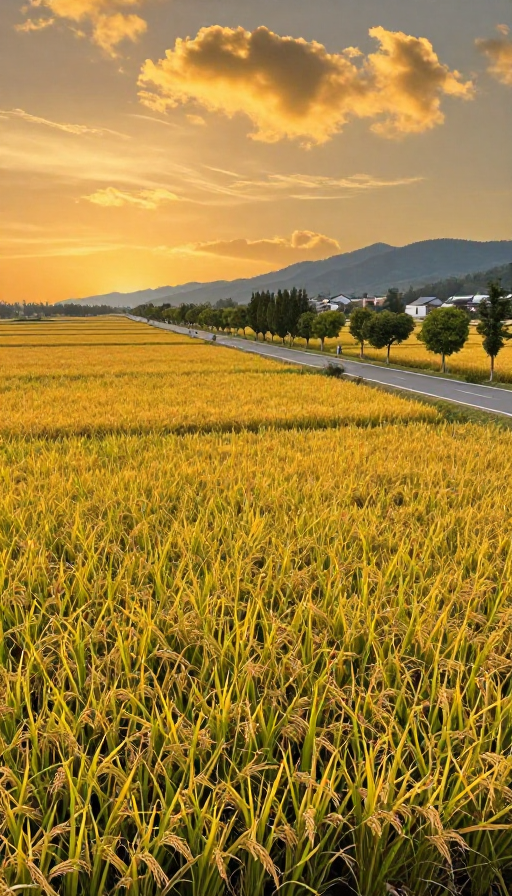 秋日金黄稻田映夕阳壮丽画卷