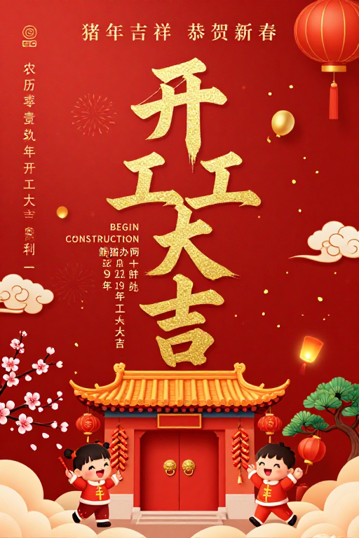 红色中国风春节开工喜庆海报，传统吉祥图案