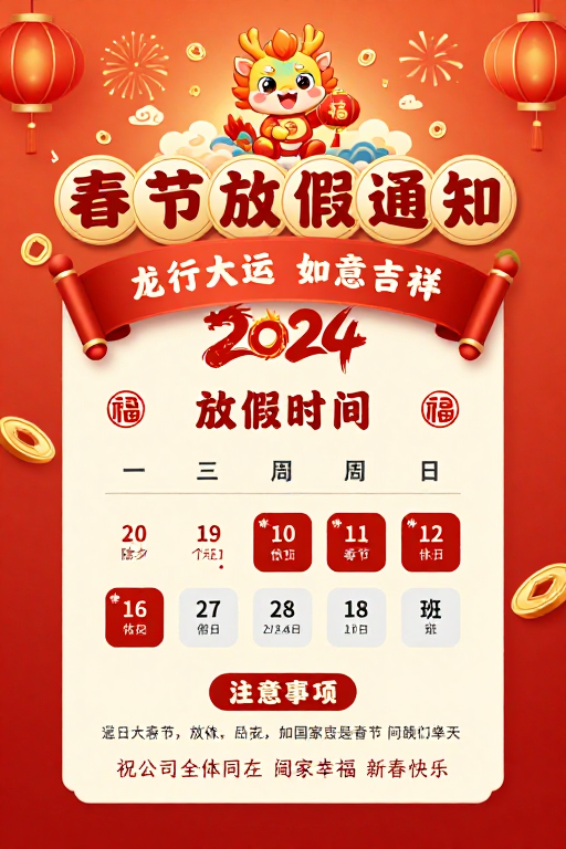 喜庆红金春节放假通知海报：龙行大运福满新春