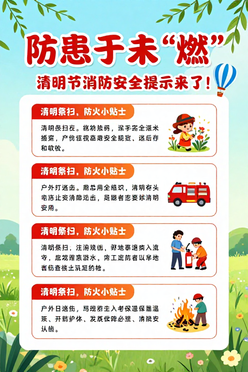 清新春日氛围下的清明节消防安全宣传海报