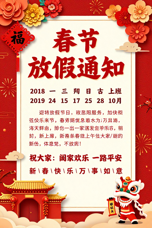 春节放假通知海报：传统艺术风格红色喜庆设计