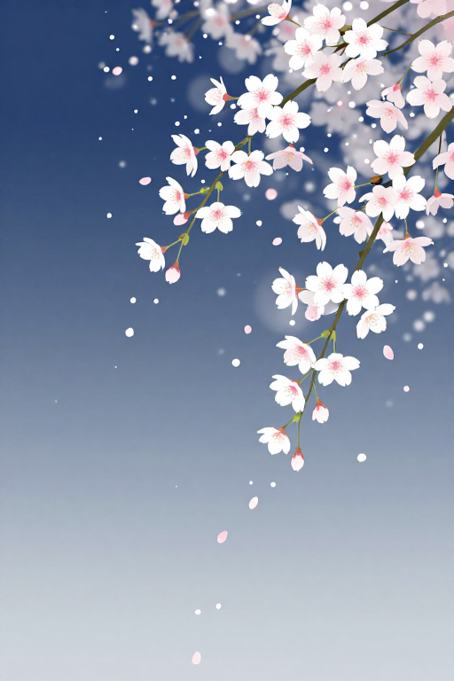 唯美日式樱花垂枝插画背景，营造宁静空灵意境