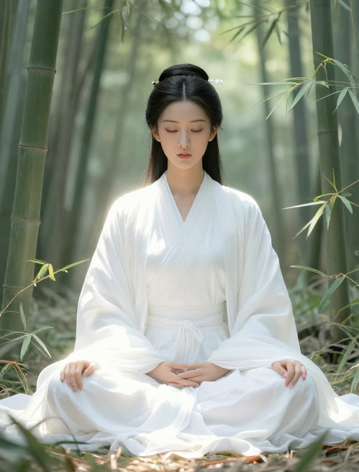 仙气佛系东方女子:竹林发光的白衣静坐插画