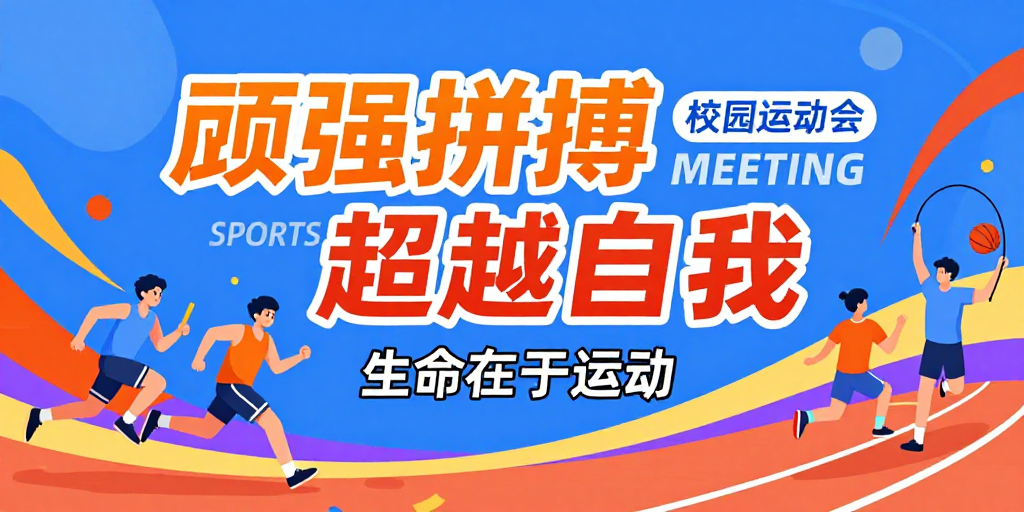 高饱和撞色校园运动会扁平插画,展现顽强拼搏与超越自我精神
