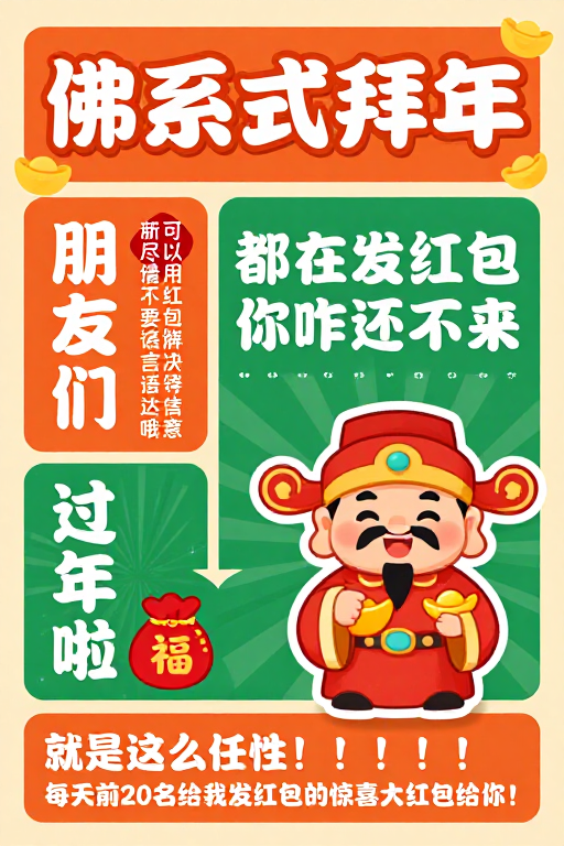 佛系趣味拜年海报:橙绿暖调传统与现代融合