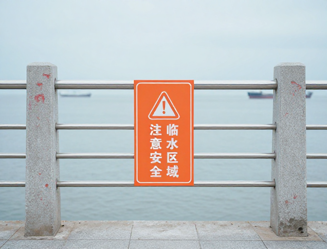 临水安全警示实拍：橙色护栏守护碧海风光