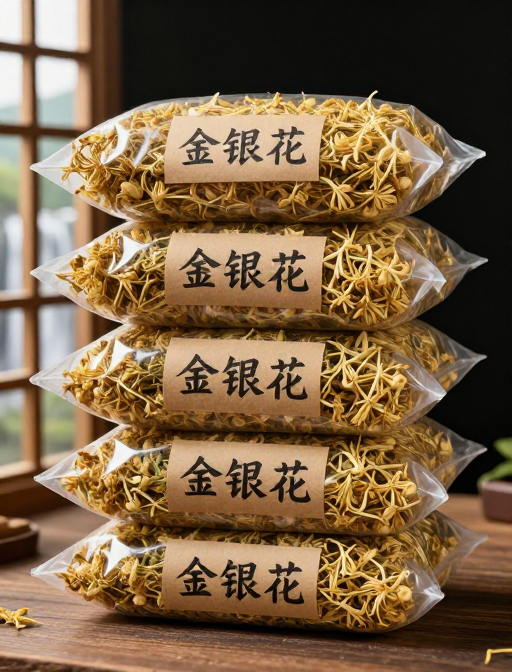 金银花产品展示:透明袋叠放于自然瀑布背景