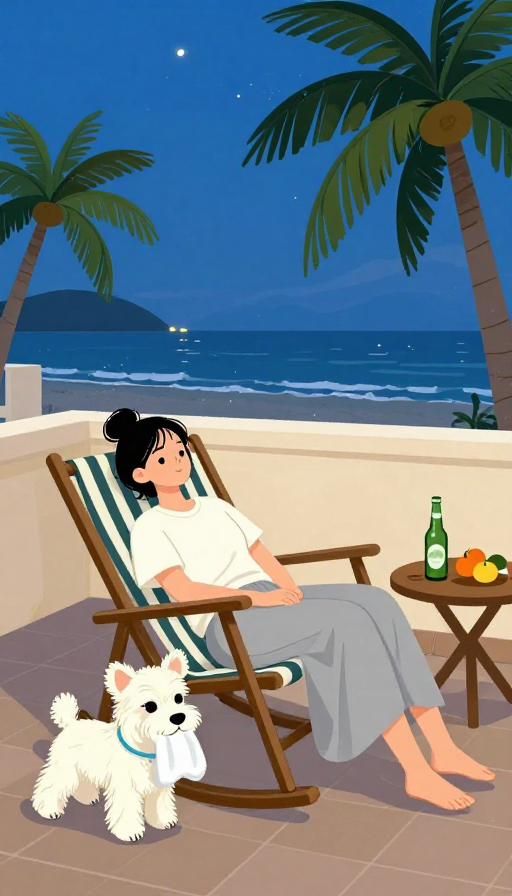 海南夏夜椰林海景下的慵懒梦境插画