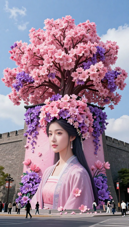 国风美女繁花掩发：古城墙实景摄影