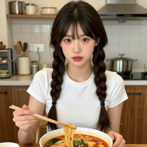 韩系麻花辫美食写真：麻辣烫超写实厨房场景