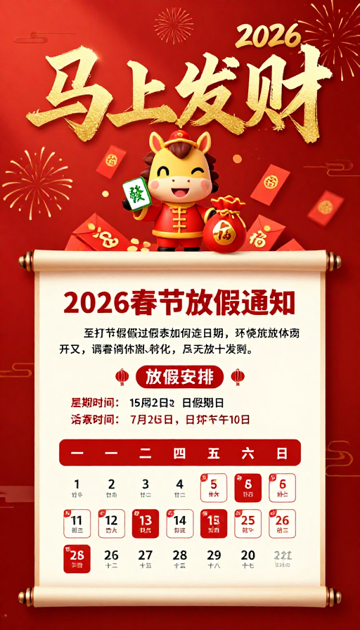 2026新春贺岁:红金祥韵·马上发财卡通海报