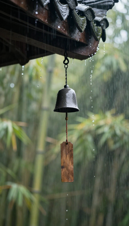雨中檐下风铃轻响,远竹朦胧