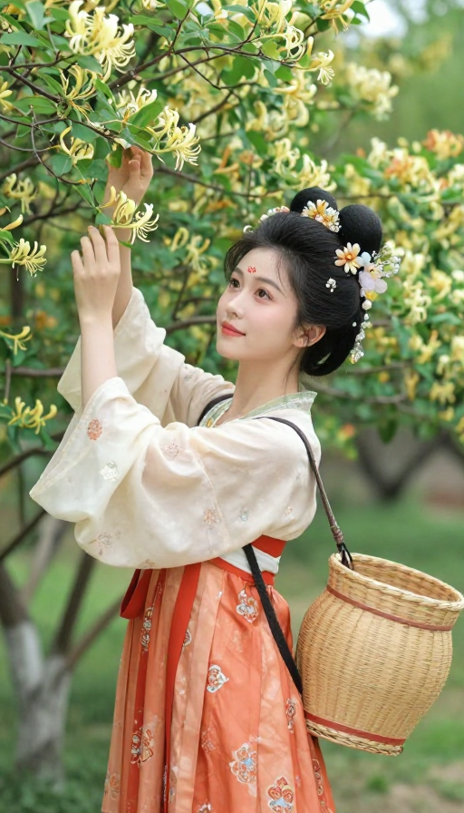 盛唐公主:金秋花园采金花的优雅瞬间