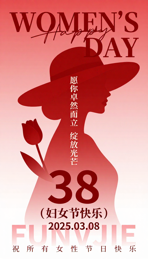 红色系插画妇女节海报，女性颂歌