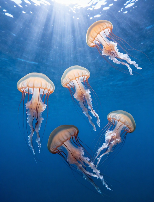 梦幻色彩：深海水母群仰视光影特写
