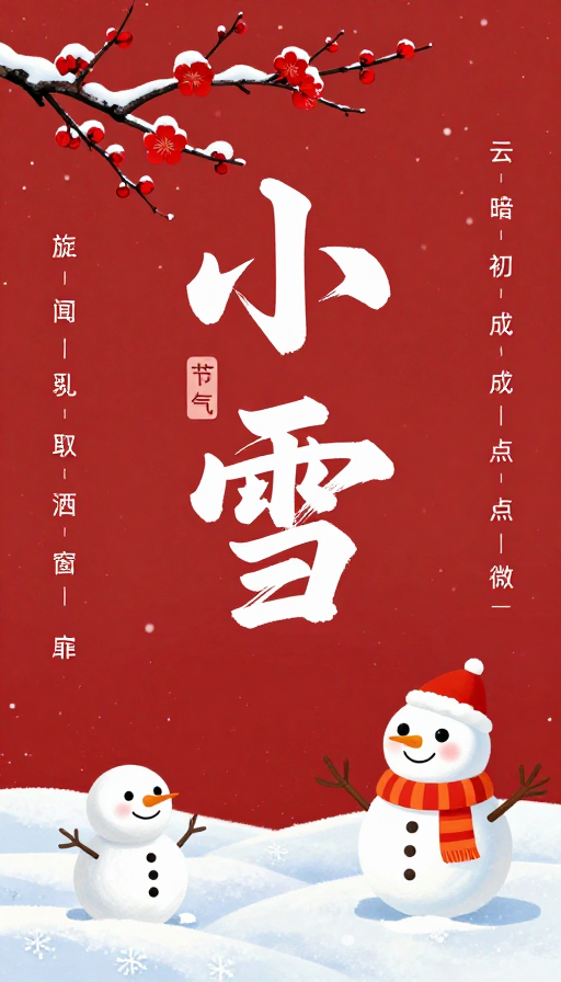 小雪节气·水墨与童趣的红色诗意海报