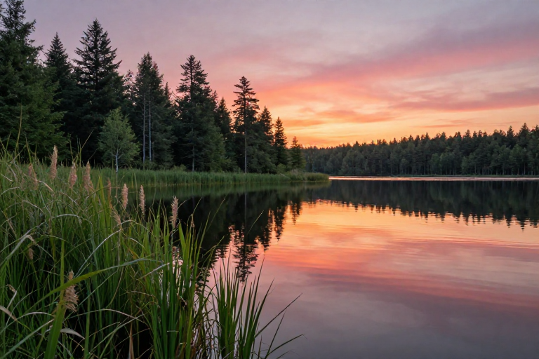 宁静湖畔映落日，松影摇曳现自然之美