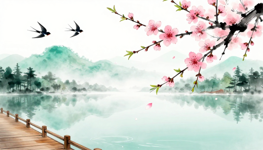 水墨春景：桃花飞燕栖于青绿湖畔