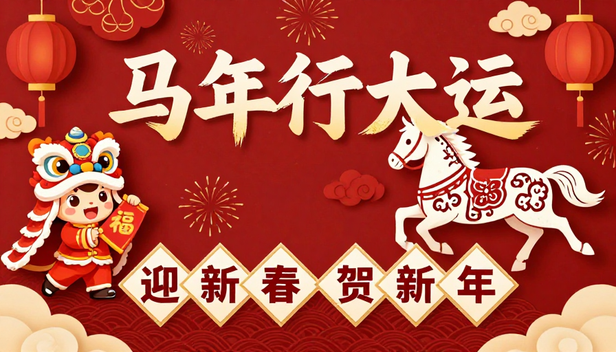 马年喜庆中国风新年海报，融合剪纸与插画艺术