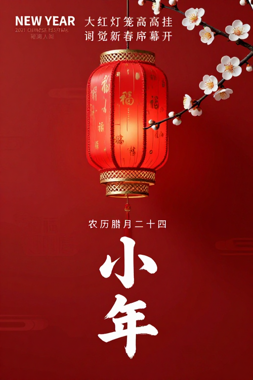 中国风新年海报:红灯笼与梅花点缀的庄重喜庆设计