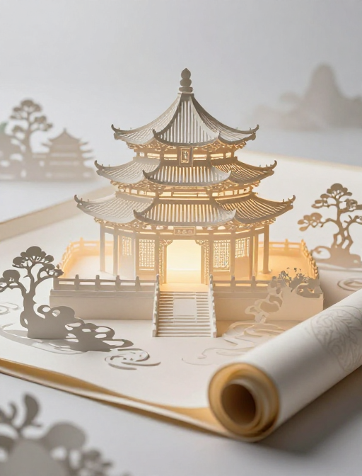 中国卷轴上的虚幻古建筑水墨幻境