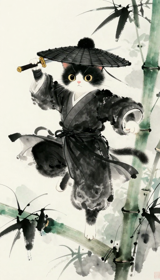 墨韵青竹:水墨侠猫轻功演绎