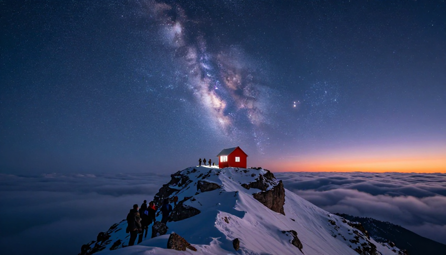 雪峰之巅:星夜红屋下的静谧凝视