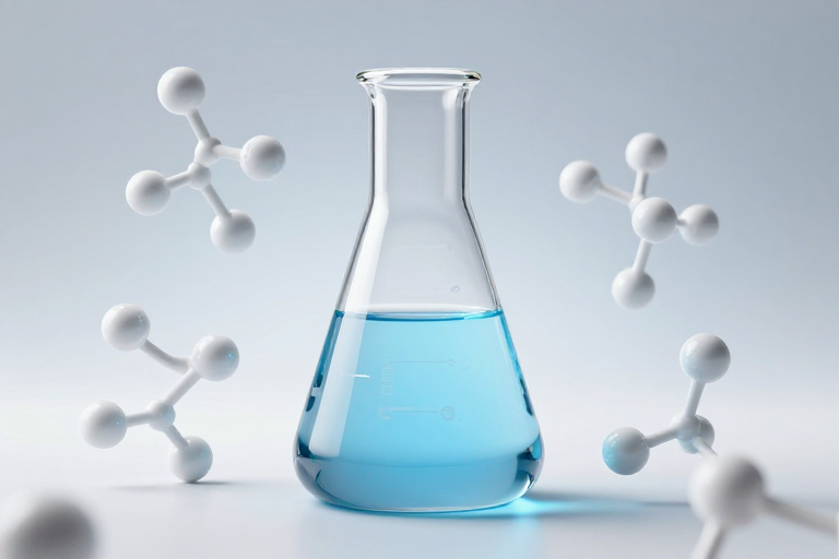 分子结构科研展示:蓝液悬浮球棍模型高清摄影