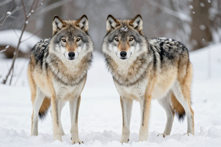 双狼静立雪中凝望，高清冷调逆光摄影