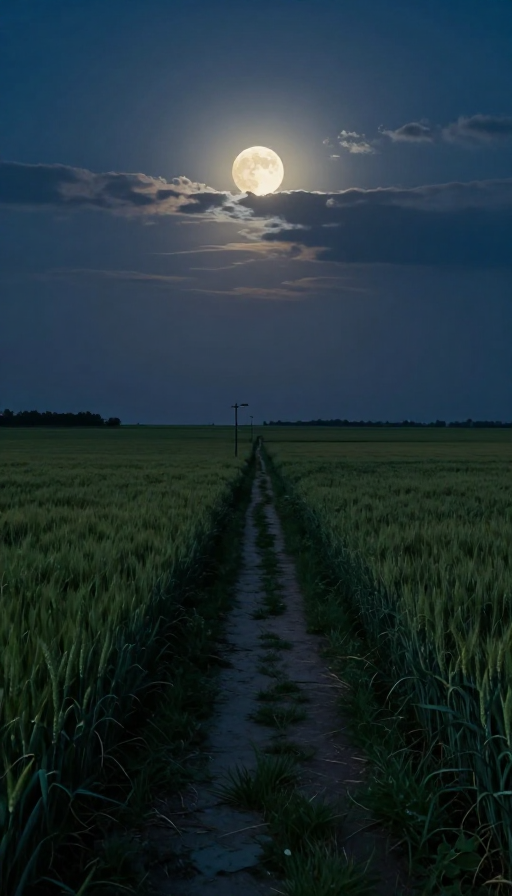 云遮皎月下的静谧麦田夜景
