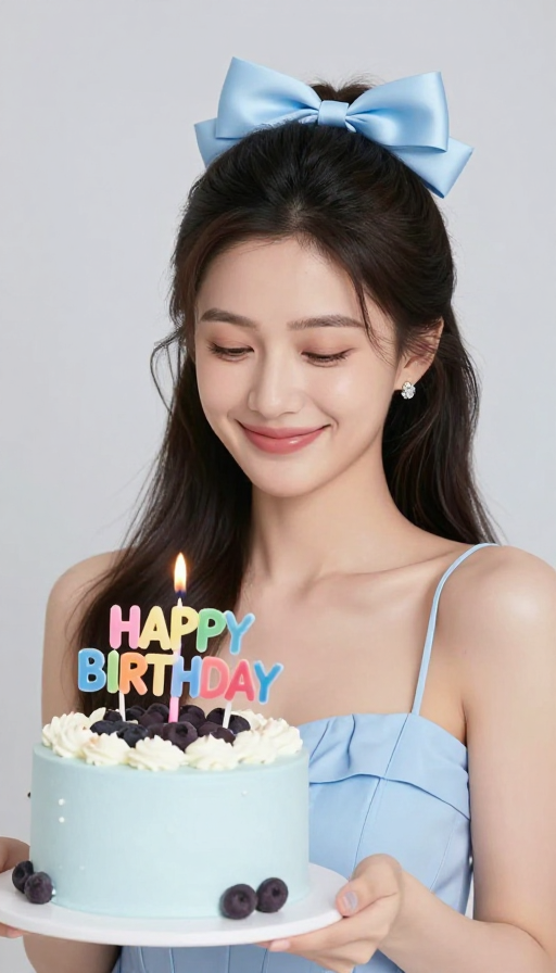 清新甜美生日写真:微笑女子与浪漫蛋糕