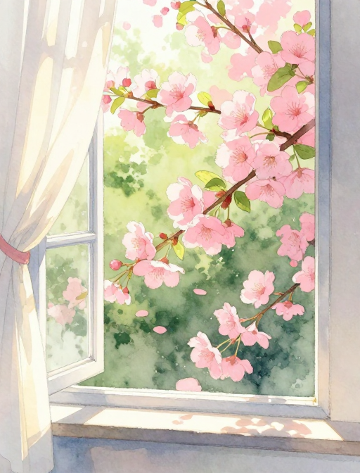 春日水彩窗景:粉花与温柔光影