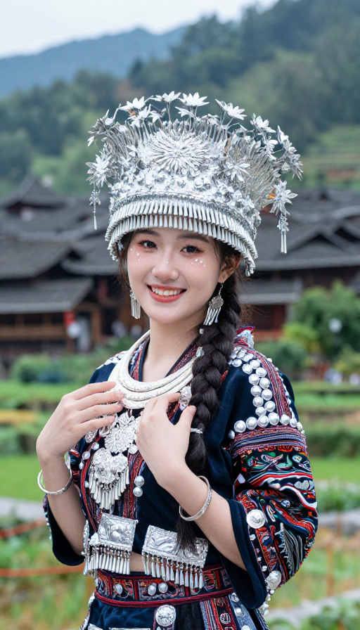 苗族少女微笑：民族风情与自然之美