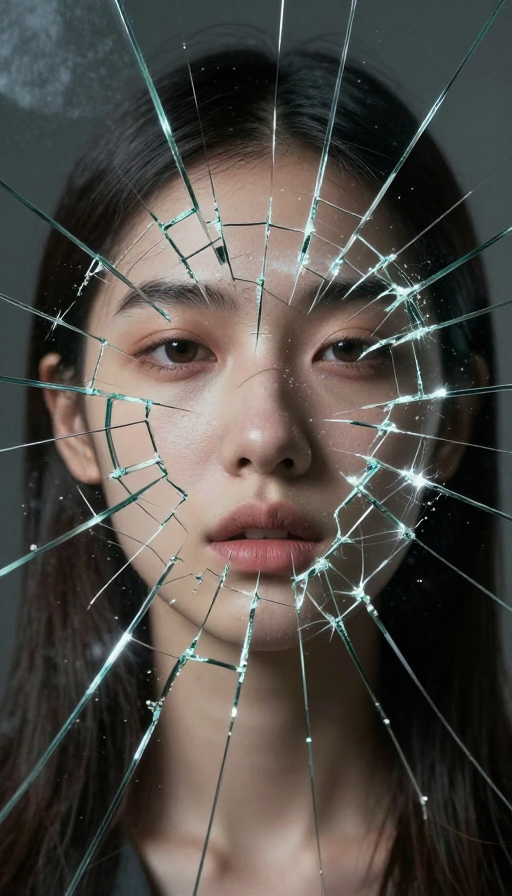 超现实破碎脸：玻璃裂痕与人脸的视觉艺术