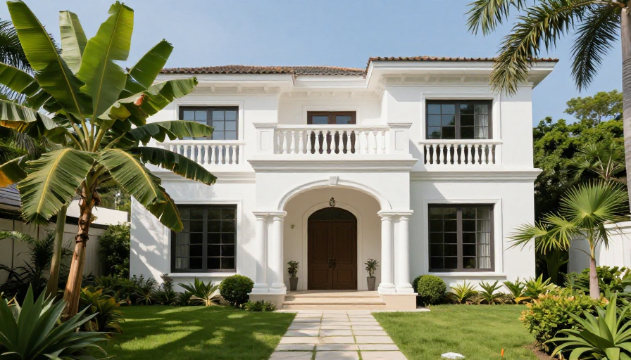 地中海风情别墅：纯净白与深棕门的优雅正面